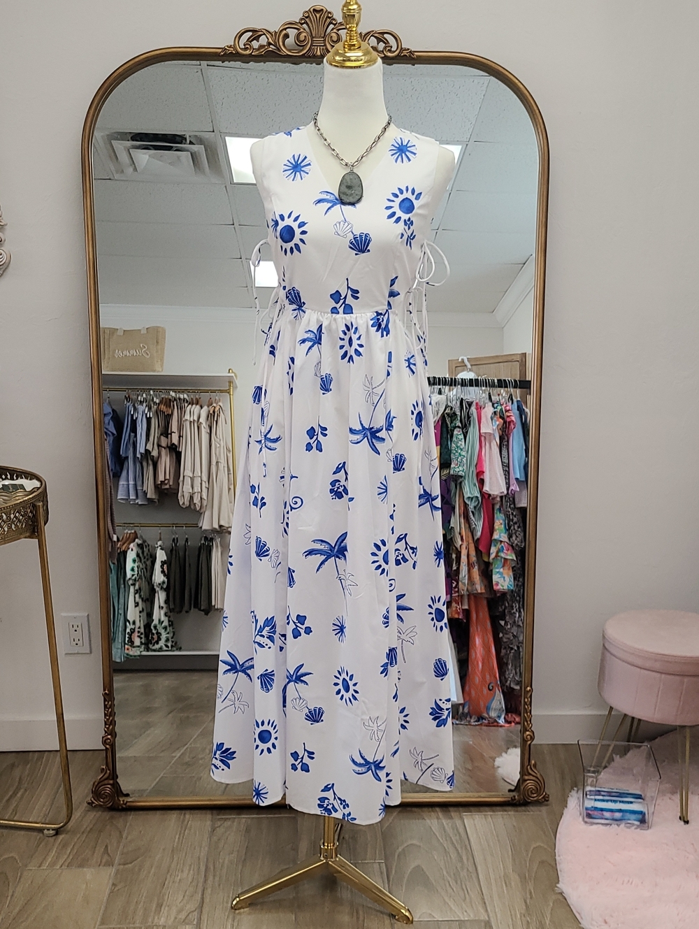 White Maxi Dress with Blue Floral Print - Sleeveless Tie-Side Dress